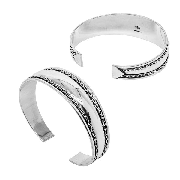 SHAPED HEAVY CUFF 925 STERLING SILVER BANGLE WITH RAISED CENTRE AND DOUBLE PLAIT SIDE DETAIL WHOLESALE
